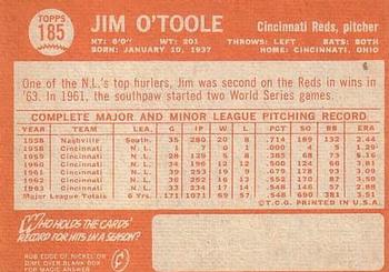 1964 Topps #185 Jim O'Toole Back