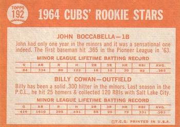 1964 Topps #192 Cubs 1964 Rookie Stars (John Boccabella / Billy Cowan) Back