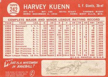 1964 Topps #242 Harvey Kuenn Back