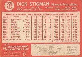 1964 Topps #245 Dick Stigman Back