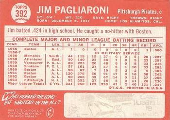 1964 Topps #392 Jim Pagliaroni Back