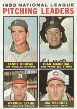 1964 Topps #3 1963 National League Pitching Leaders (Sandy Koufax / Juan Marichal / Warren Spahn / Jim Maloney) Front
