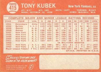 1964 Topps #415 Tony Kubek Back