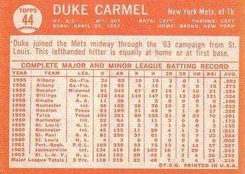 1964 Topps #44 Duke Carmel Back