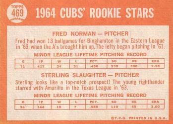 1964 Topps #469 Cubs 1964 Rookie Stars (Fred Norman / Sterling Slaughter) Back