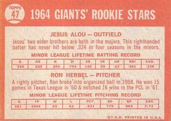 1964 Topps #47 Giants 1964 Rookie Stars (Jesus Alou / Ron Herbel) Back