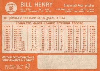 1964 Topps #49 Bill Henry Back