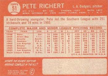 1964 Topps #51 Pete Richert Back