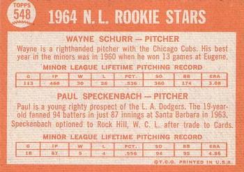 1964 Topps #548 N. League 1964 Rookie Stars (Wayne Schurr / Paul Speckenbach) Back