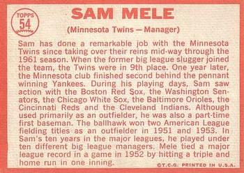 1964 Topps #54 Sam Mele Back