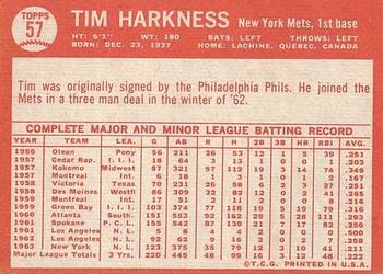 1964 Topps #57 Tim Harkness Back