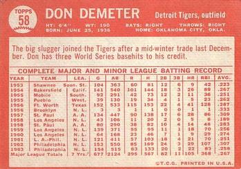 1964 Topps #58 Don Demeter Back