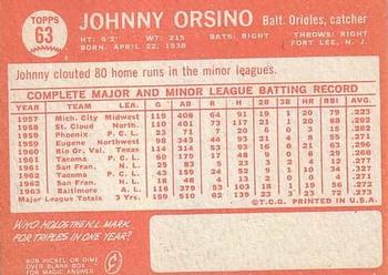 1964 Topps #63 Johnny Orsino Back