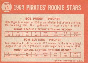 1964 Topps #74 Pirates 1964 Rookie Stars (Bob Priddy / Tom Butters) Back