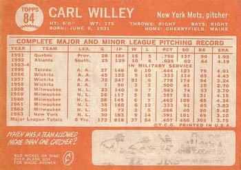 1964 Topps #84 Carl Willey Back