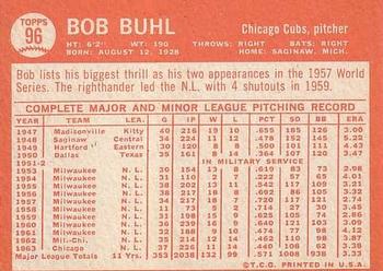 1964 Topps #96 Bob Buhl Back