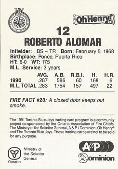1991 Toronto Blue Jays Fire Safety #NNO Roberto Alomar Back