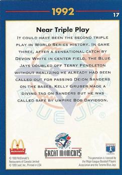 1993 Donruss McDonald's Toronto Blue Jays Great Moments #17 1992-WS Near Triple Play (Kelly Gruber) Back