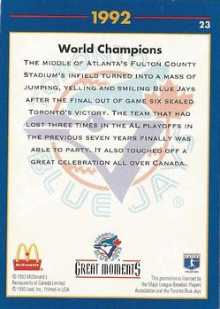 1993 Donruss McDonald's Toronto Blue Jays Great Moments #23 1992 - World Champions Back