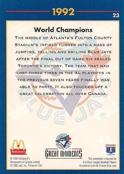 1993 Donruss McDonald's Toronto Blue Jays Great Moments #23 1992 - World Champions Back
