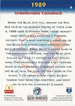 1993 Donruss McDonald's Toronto Blue Jays Great Moments #6 1989-Unbelievable Comeback (Ernie Whitt) Back
