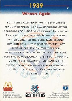 1993 Donruss McDonald's Toronto Blue Jays Great Moments #7 1989-Winners Again (Tom Henke) Back