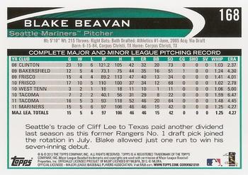 2012 Topps #168 Blake Beavan Back