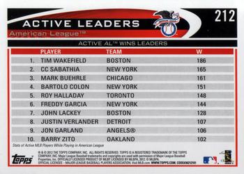 2012 Topps #212 Active AL Wins Leaders (Tim Wakefield / CC Sabathia / Mark Buehrle) Back
