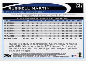 2012 Topps #237 Russell Martin Back
