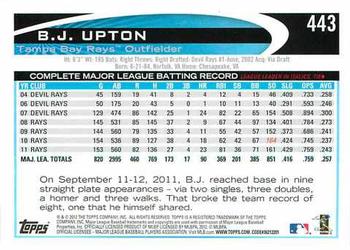 2012 Topps #443 B.J. Upton Back