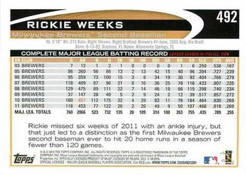 2012 Topps #492 Rickie Weeks Back