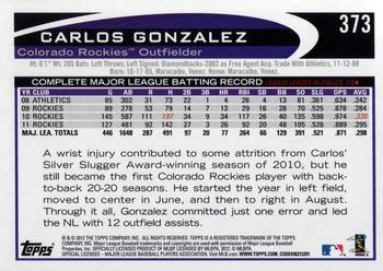 2012 Topps #373 Carlos Gonzalez Back