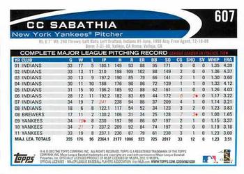 2012 Topps #607 CC Sabathia Back
