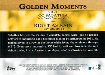 2012 Topps - Golden Moments (Series 1) #GM-31 CC Sabathia Back