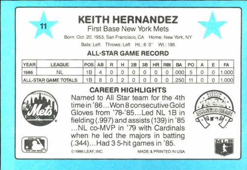1987 Donruss All-Stars #11 Keith Hernandez Back