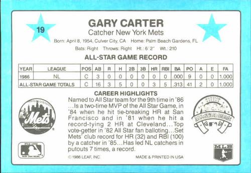 1987 Donruss All-Stars #19 Gary Carter Back