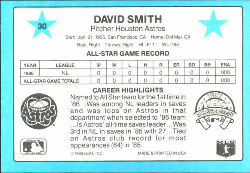 1987 Donruss All-Stars #30 Dave Smith Back