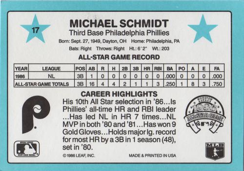 1987 Donruss All-Stars #17 Mike Schmidt Back