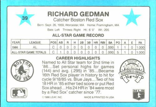 1987 Donruss All-Stars #39 Rich Gedman Back