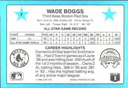 1987 Donruss All-Stars #7 Wade Boggs Back