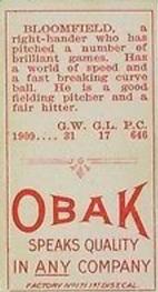 1909-11 Obak (T212) #NNO Billy Bloomfield Back