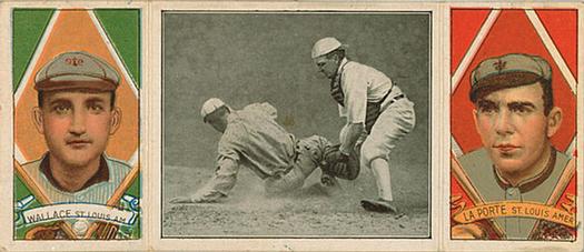 1912 Hassan Triple Folders T202 #NNO A Close Play at Home Plate (Bobby Wallace / Frank LaPorte) Front