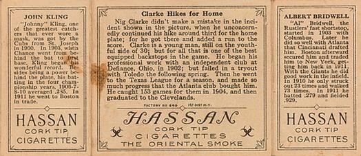1912 Hassan Triple Folders T202 #NNO Clarke Hikes for Home (Al Bridwell / Johnny Kling) Back