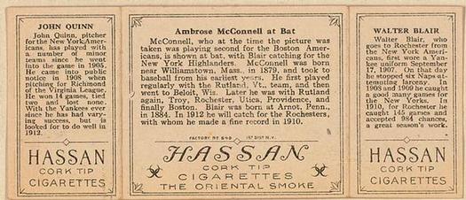 1912 Hassan Triple Folders T202 #NNO Ambrose McConnell at Bat (Walter Blair / Jack Quinn) Back