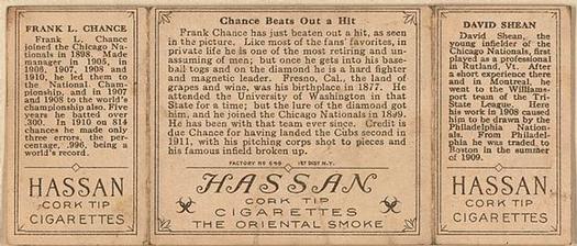 1912 Hassan Triple Folders T202 #NNO Chance Beats Out a Hit (David Shean / Frank Chance) Back