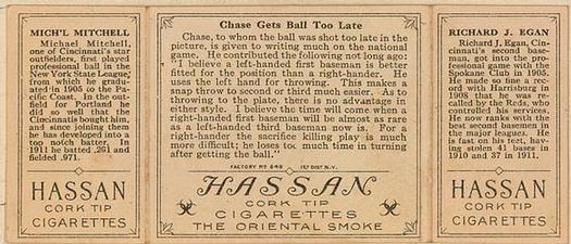 1912 Hassan Triple Folders T202 #NNO Chase Gets Ball Too Late (Dick Egan / Mike Mitchell) Back