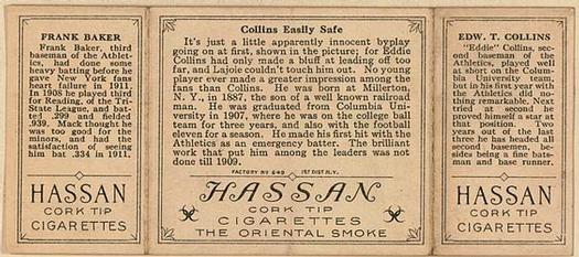 1912 Hassan Triple Folders T202 #NNO Collins Easily Safe (Eddie Collins / Frank Baker) Back