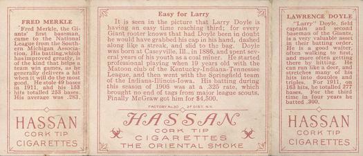 1912 Hassan Triple Folders T202 #NNO Easy for Larry (Larry Doyle / Fred Merkle) Back