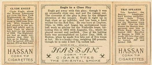 1912 Hassan Triple Folders T202 #NNO Engle in a Close Play (Tris Speaker / Hack Engle) Back