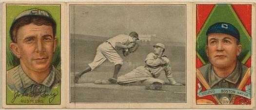 1912 Hassan Triple Folders T202 #NNO Lobert Almost Caught (Johnny Kling / Cy Young) Front